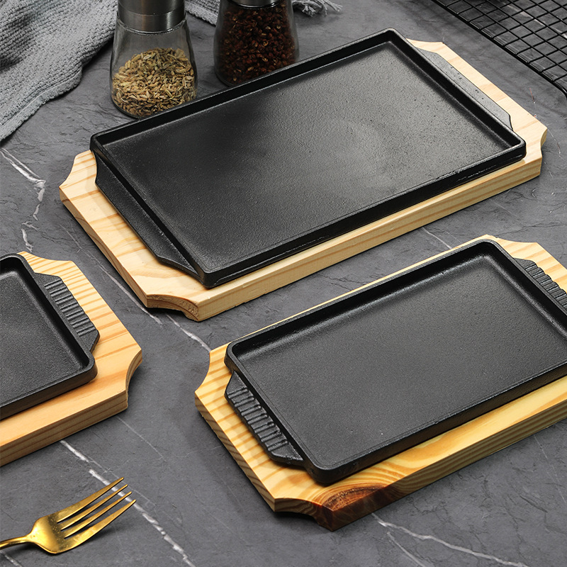 Commercial Kitchen Grill - Gietijzeren teppanyaki grillplaat rechthoekig met houten