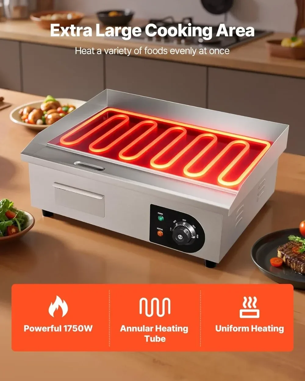 Electric Griddle Flat Top - Meestverkochte commerciële elektrische bakplaat 1750W, 21x11,8